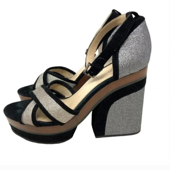 Botkier Paloma Glitter Silver & Black Suede Chunky Heel Sandals - Size 8 - Picture 3 of 10